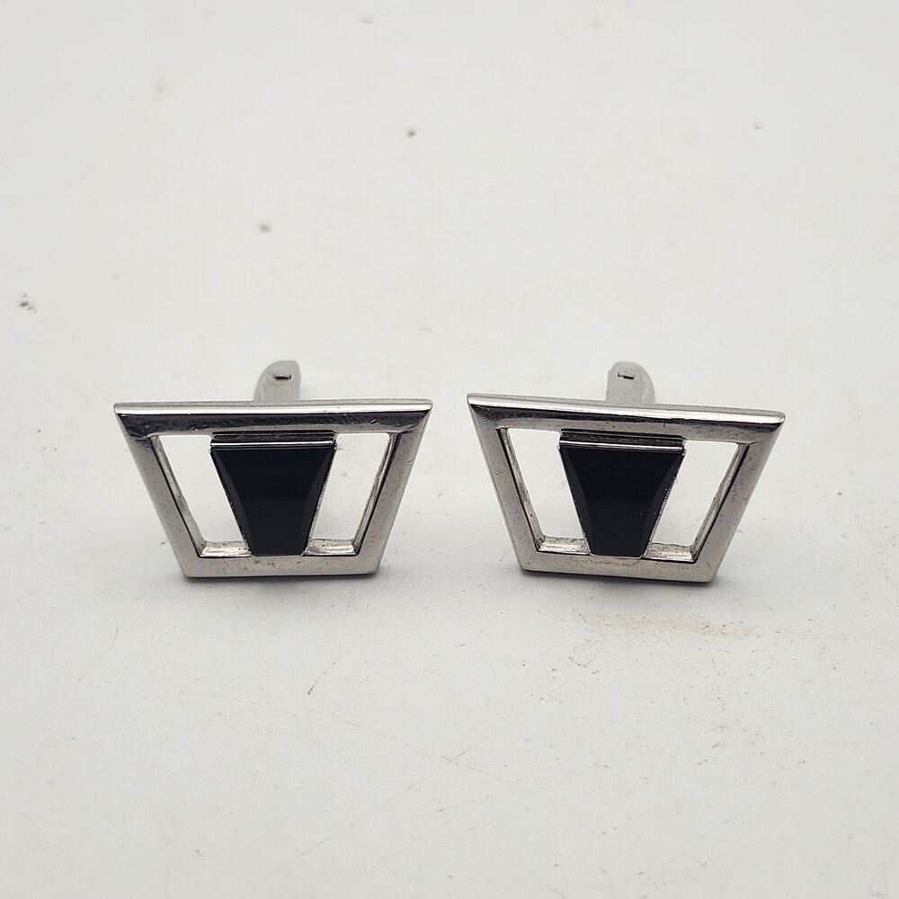 Vintage Foster Trapezoid Cufflinks Black Inlay Mid Century Modern Pat Pend USA